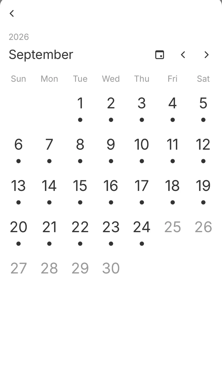The Sesami storefront calendar in month view, with dots marking the days that have availability.