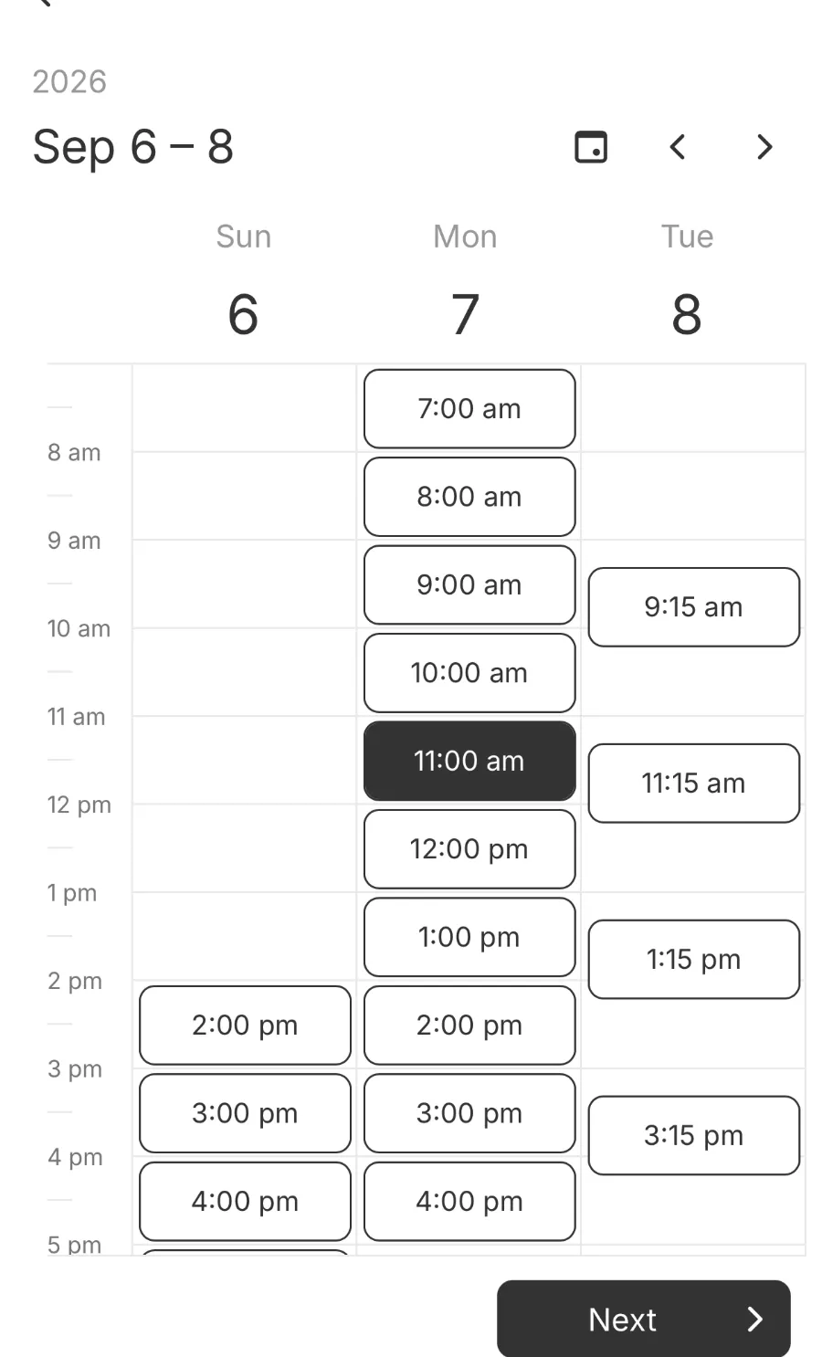 The Sesami storefront calendar in multi-day view, showing selectable time slots across three days.
