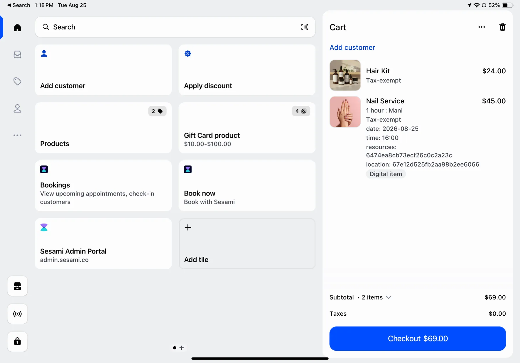 Shopify POS on a tablet: Sesami's Bookings and Book now tiles, with a Nail Service booking in the cart next to a Hair Kit product, totalling $69.