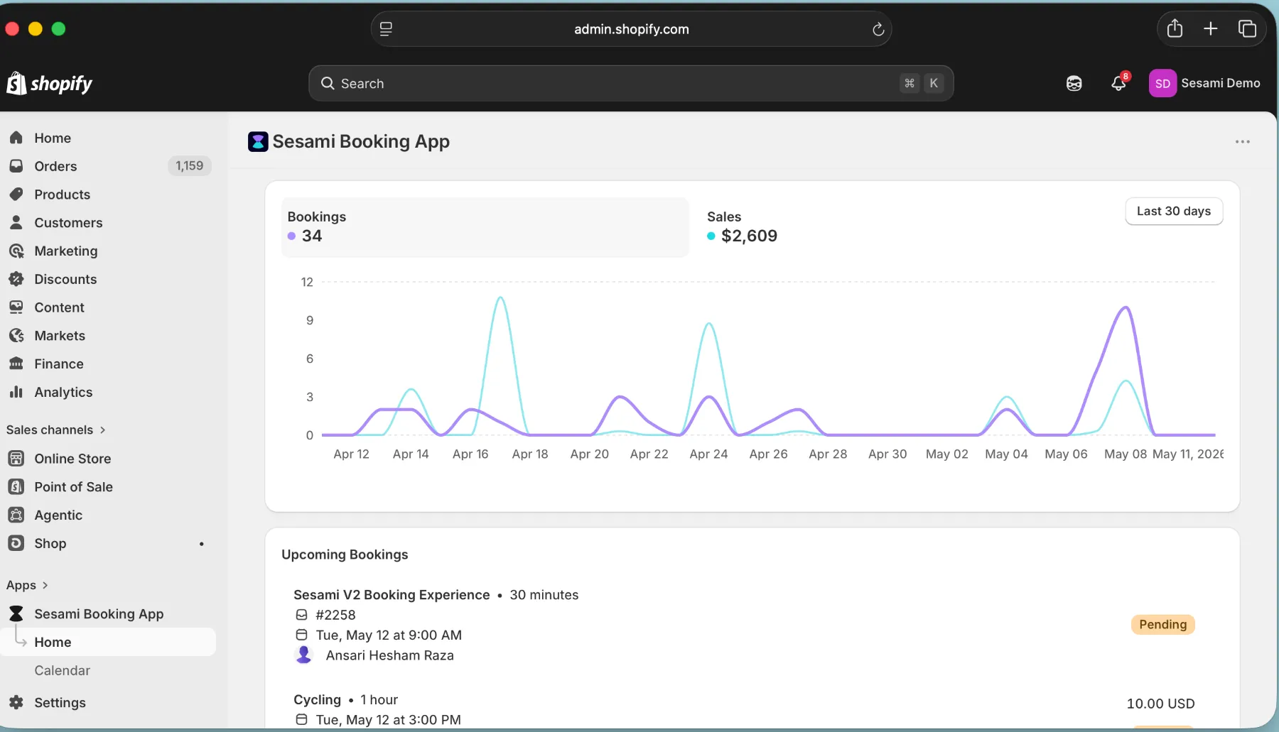 The Sesami Booking App inside the Shopify admin: 34 bookings and $2,609 in sales over the last 30 days, with upcoming bookings listed below.